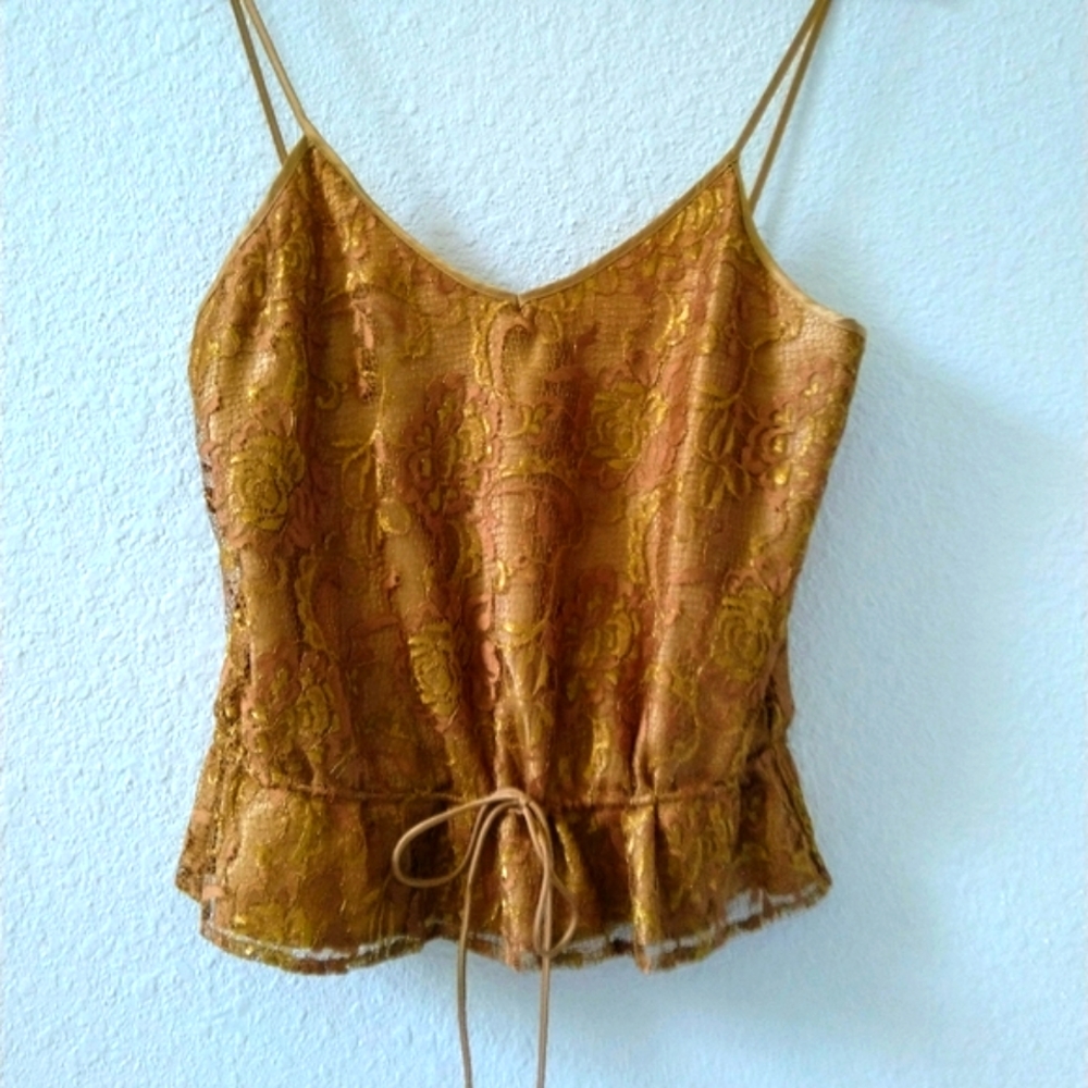Evening gold lace top with silk ribbon & spaghetti straps